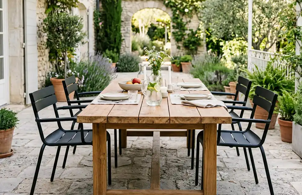 Mixed‑material outdoor patio dining set featuring rustic wooden table top and black metal chairs, set for casual al fresco meal in charming stone‑walled Mediterranean‑style backyard garden.