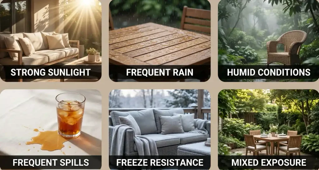 Outdoor condition blog card showing features to prioritize for strong sunlight, frequent rain, humid conditions, frequent spills and mixed outdoor exposure, with UV resistance, water resistance, mildew resistance, stain-resistant fabric and balanced outdoor performance.