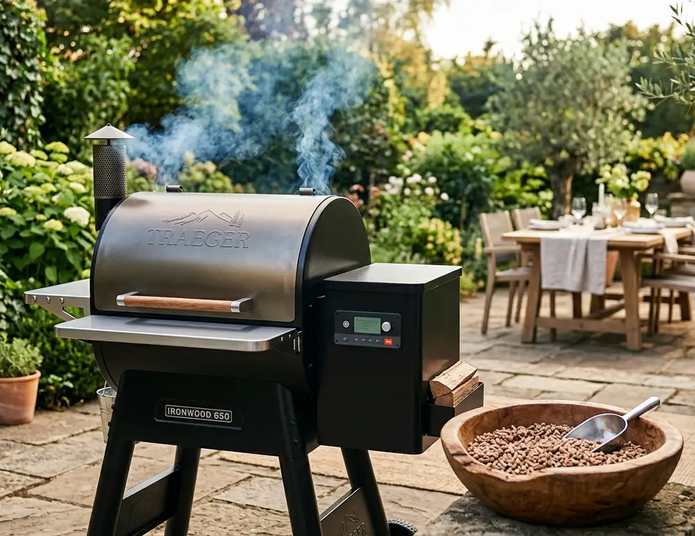 Wood pellet grill emitting smoke on backyard patio with wood pellets, outdoor garden barbecue scene
