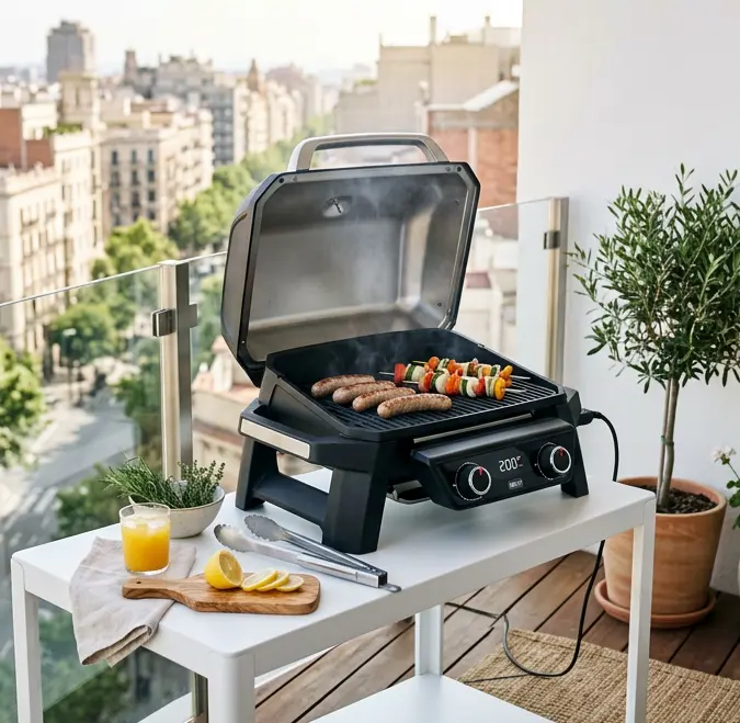 Compact portable electric grill on city apartment balcony, cooking sausages and vegetable skewers, overlooking European city skyline, small‑space urban outdoor barbecue