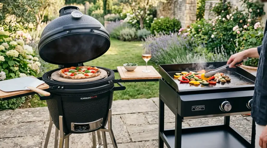 Kamado ceramic grill baking homemade pizza next to flat‑top gas griddle with grilled vegetables, lush flower‑filled backyard garden, outdoor gourmet cooking and patio entertaining scene