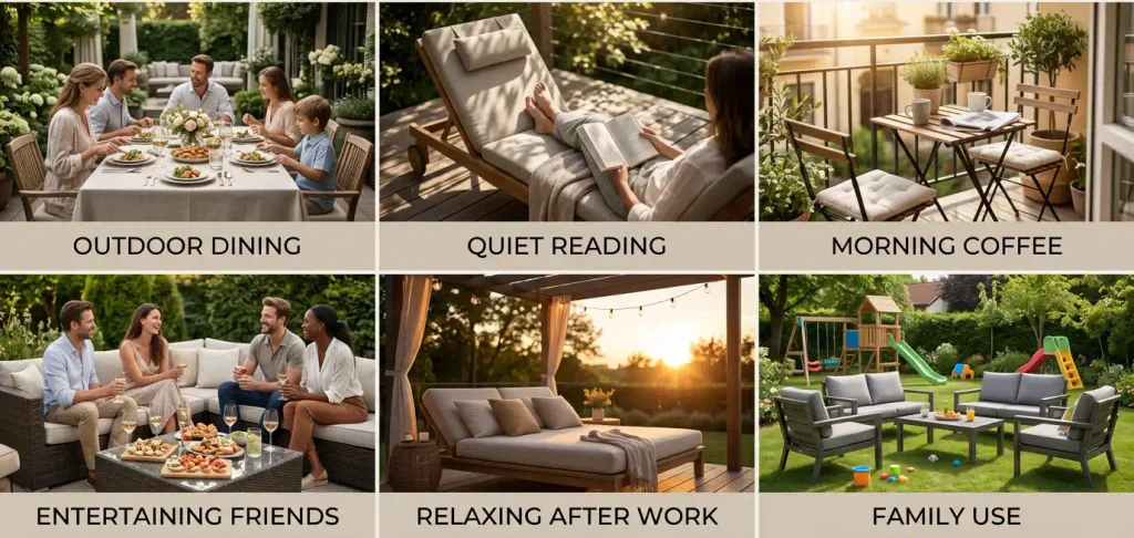 Collage of outdoor living scenes: outdoor dining, quiet reading, morning coffee, entertaining friends, relaxing after work and family use with patio furniture