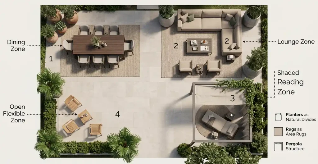 Top-down patio layout plan showing multi-zoned backyard design: dining zone, lounge zone, shaded reading zone and open flexible zone with outdoor furniture and pergola
