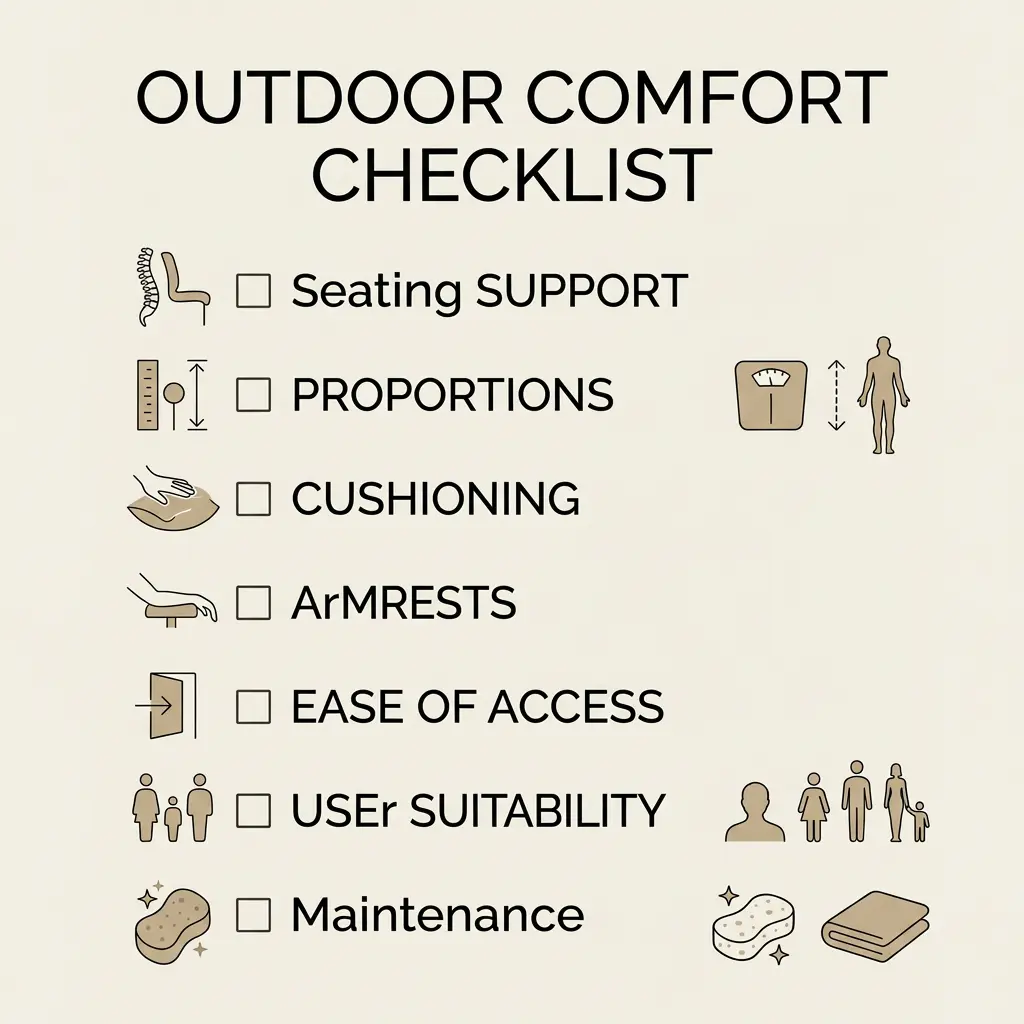 Outdoor comfort checklist infographic for patio furniture, including seating support, proportions, cushioning, armrests, access, user suitability and maintenance