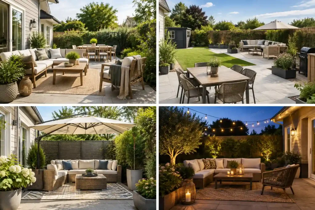 Stylish and comfortable outdoor space with patio seating, dining furniture, shade, privacy screens, potted plants, outdoor rugs, and warm lighting.