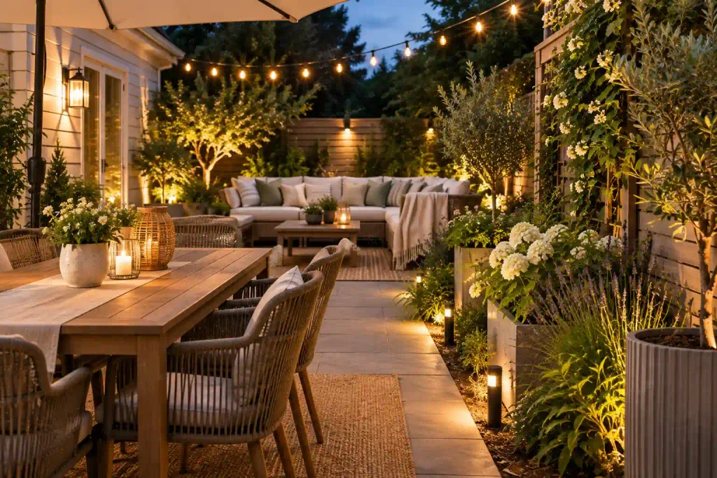 Cozy outdoor patio with wooden dining furniture, lounge seating, potted plants, string lights, lanterns, and garden lighting at dusk.