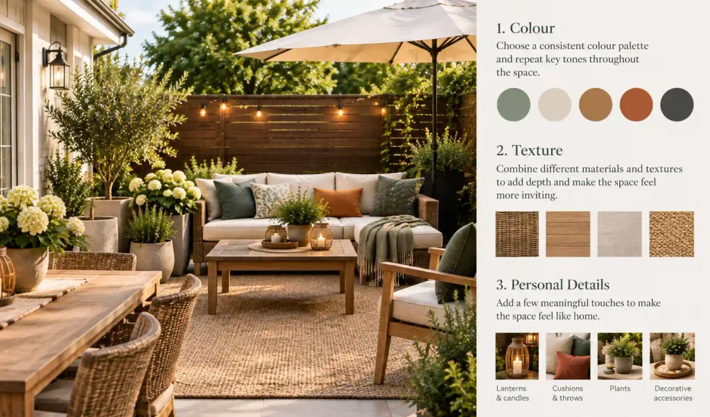 Stylish outdoor patio with a cohesive colour palette, layered natural textures, neutral seating, cushions, greenery, rugs, and personal decorative details.