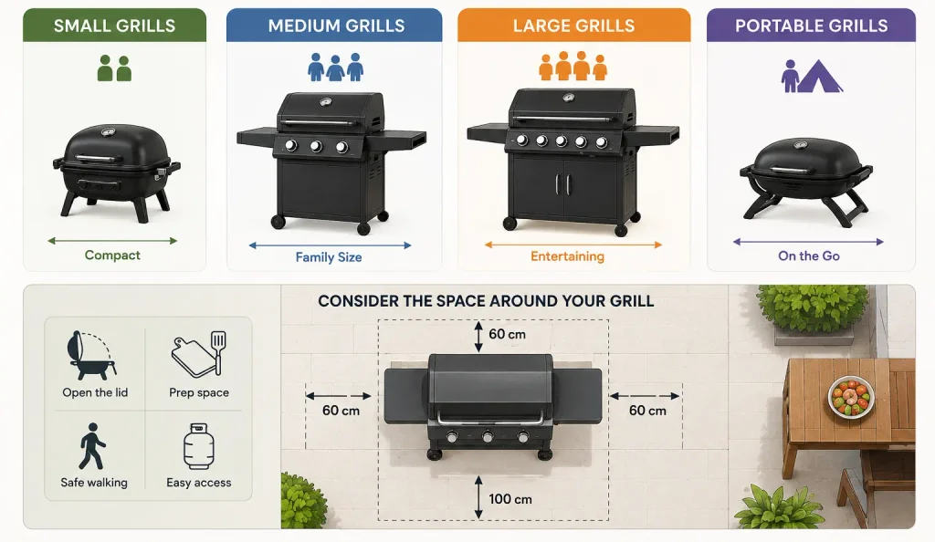 BBQ grill size guide showing small, medium, large and portable grills for different cooking needs