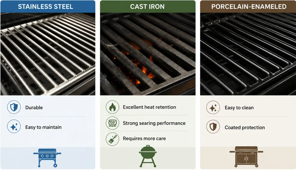 Grill grate materials comparison showing stainless steel, cast iron, and porcelain-enameled grates with their key benefits.